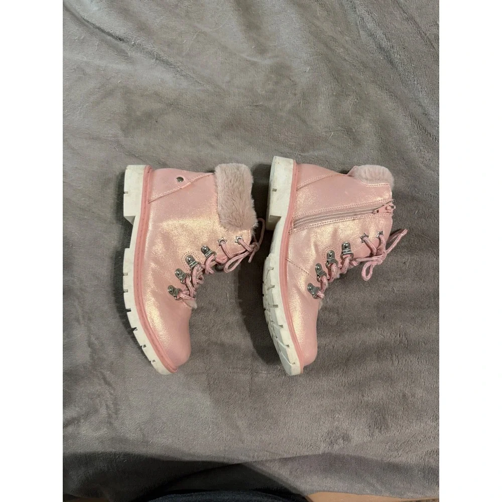 DREAM PAIRS Pink Girl Kid Side Zipper Lace up Faux Fur Ankle Size 2 Warm Sparkle